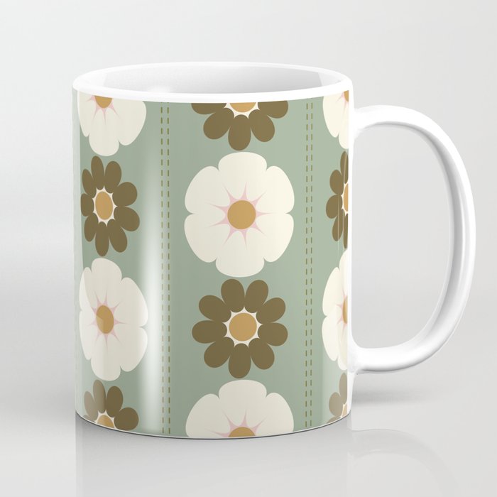 Retro floral pattern, 60s, 70s, style, in sage green Coffee Mug Gallery Image 1