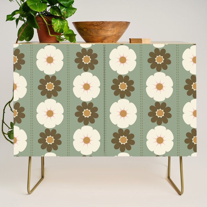 Retro floral pattern, 60s, 70s, style, in sage green Credenza Gallery Image 1
