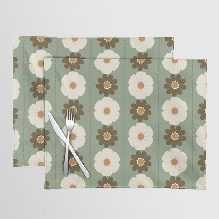 Retro floral pattern, 60s, 70s, style, in sage green Placemat Gallery Image 1