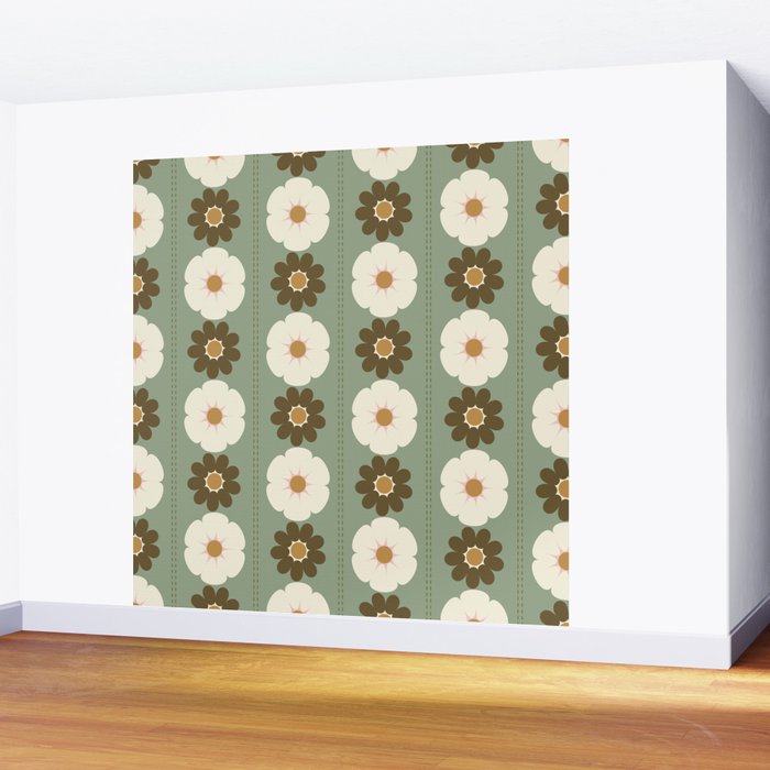 Retro floral pattern, 60s, 70s, style, in sage green Wall Mural Gallery Image 2