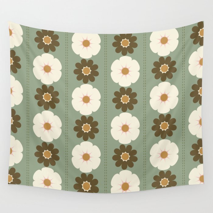 Retro floral pattern, 60s, 70s, style, in sage green Wall Tapestry Gallery Image 1