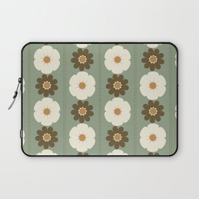 Retro floral pattern, 60s, 70s, style, in sage green Laptop Sleeve Gallery Image 1