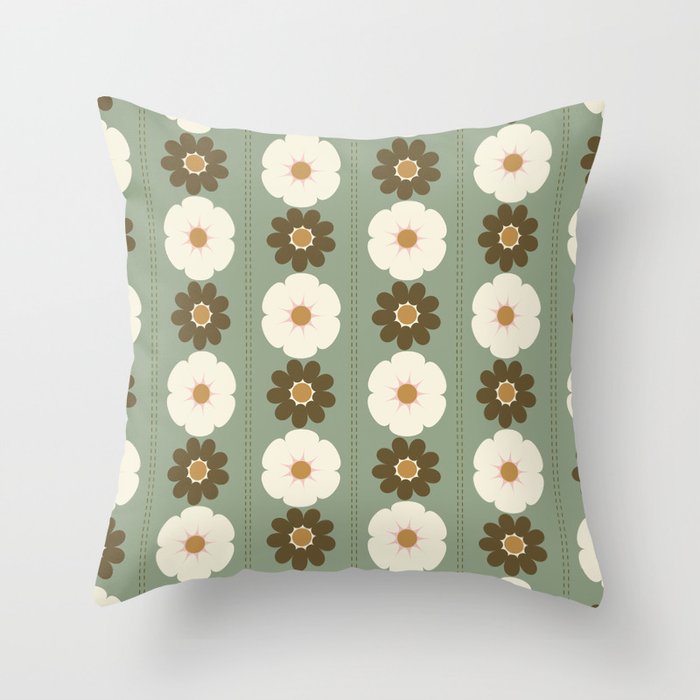 Retro floral pattern, 60s, 70s, style, in sage green Throw Pillow Gallery Image 1