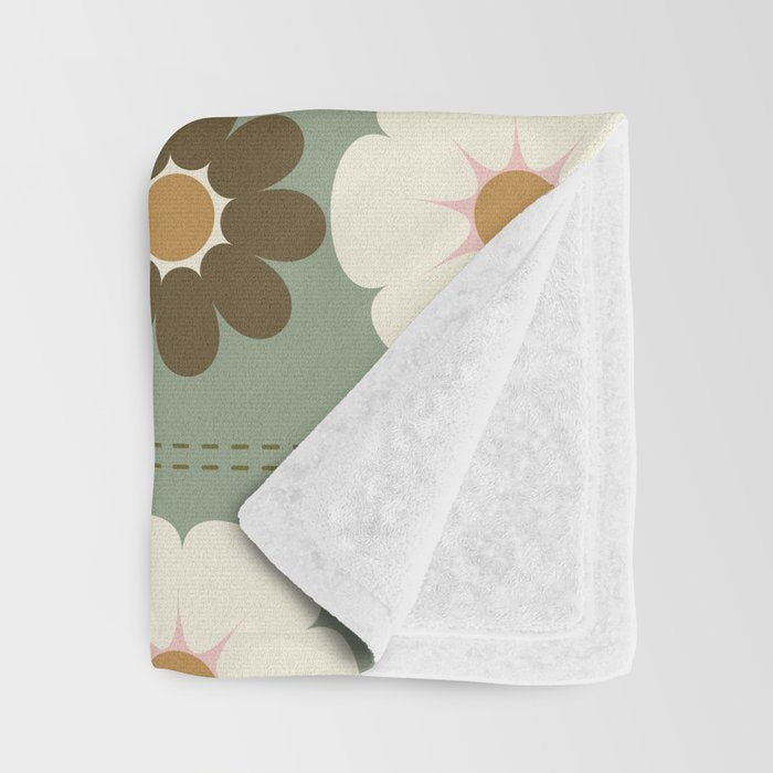 Retro floral pattern, 60s, 70s, style, in sage green Throw Blanket Gallery Image 3