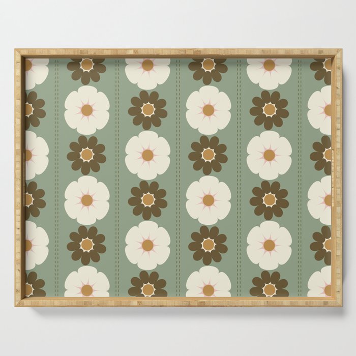 Retro floral pattern, 60s, 70s, style, in sage green Serving Tray Gallery Image 1