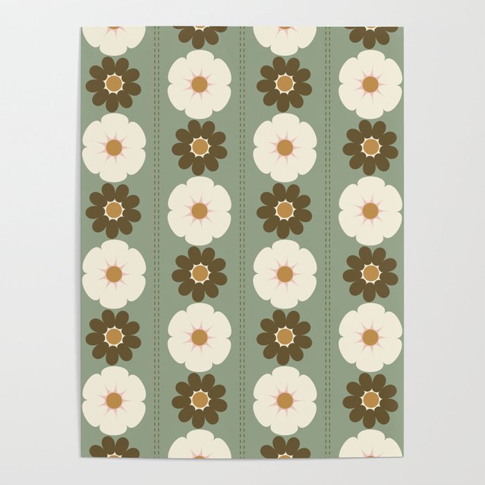 Retro floral pattern, 60s, 70s, style, in sage green Poster Gallery Image 4