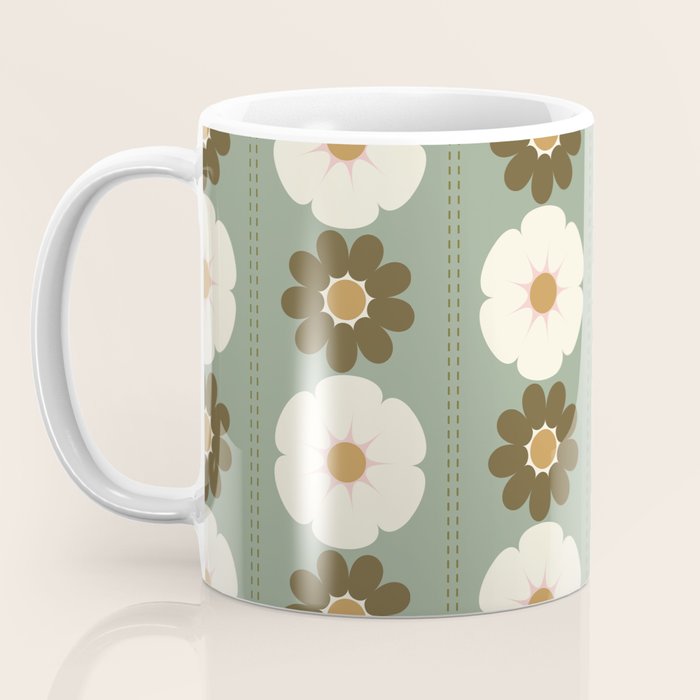 Retro floral pattern, 60s, 70s, style, in sage green Coffee Mug Gallery Image 3