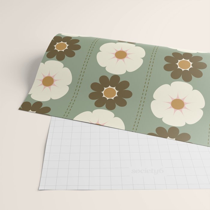 Retro floral pattern, 60s, 70s, style, in sage green Wrapping Paper Gallery Image 2
