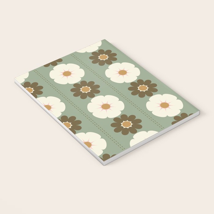 Retro floral pattern, 60s, 70s, style, in sage green Notebook Gallery Image 3