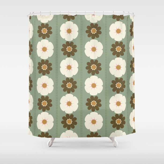 Retro floral pattern, 60s, 70s, style, in sage green Shower Curtain Gallery Image 1