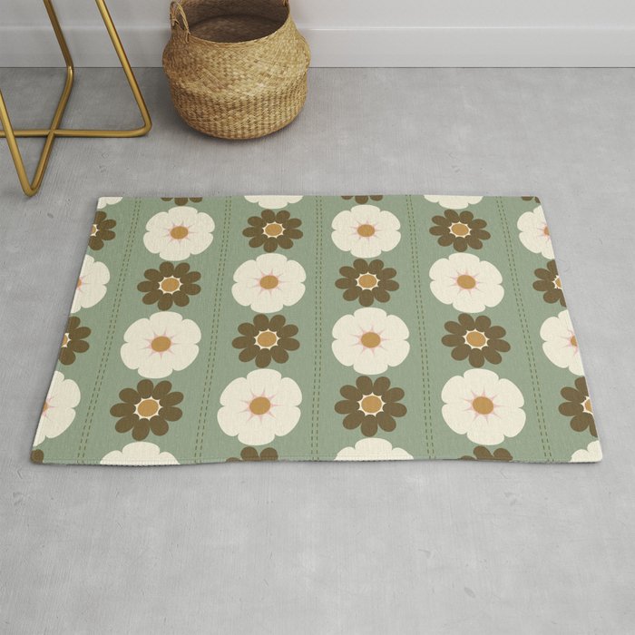 Retro floral pattern, 60s, 70s, style, in sage green Rug Gallery Image 1