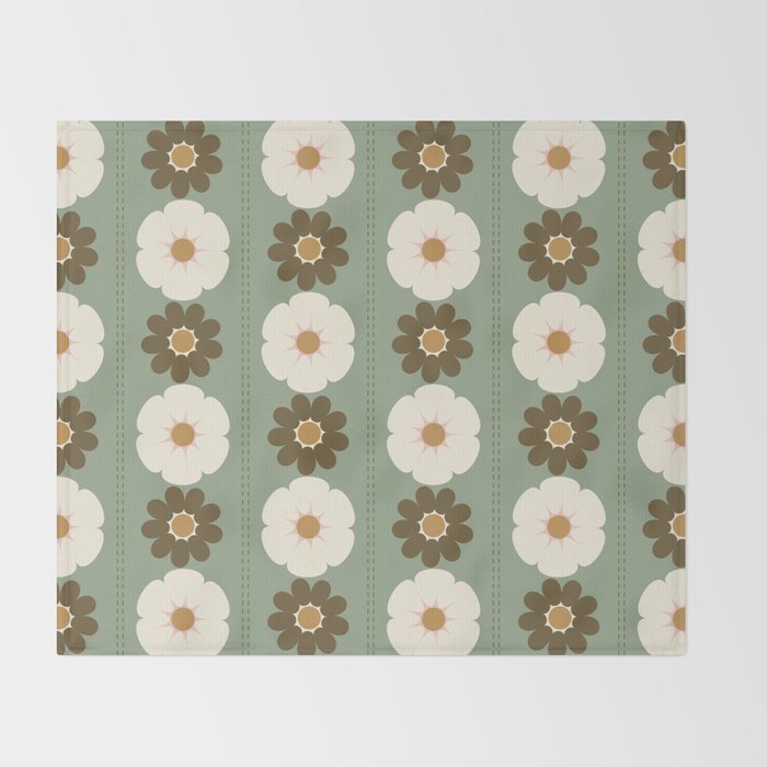 Retro floral pattern, 60s, 70s, style, in sage green Throw Blanket Gallery Image 2