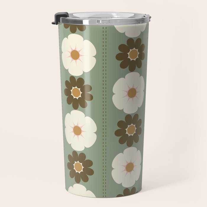 Retro floral pattern, 60s, 70s, style, in sage green Travel Mug Gallery Image 3