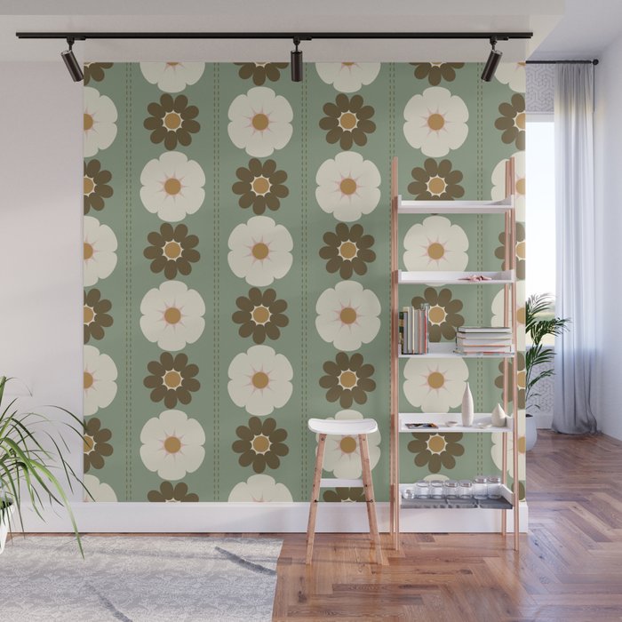 Retro floral pattern, 60s, 70s, style, in sage green Wall Mural Gallery Image 1