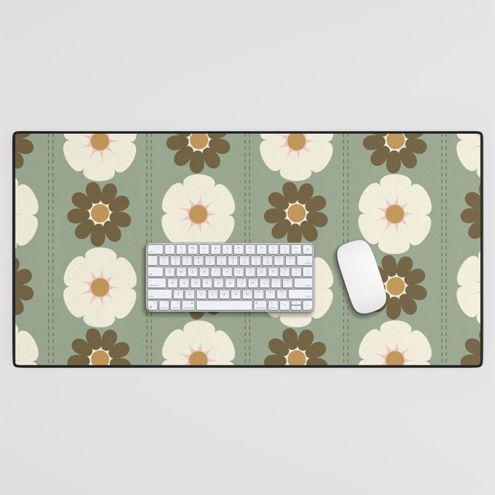 Retro floral pattern, 60s, 70s, style, in sage green Desk Mat Gallery Image 1