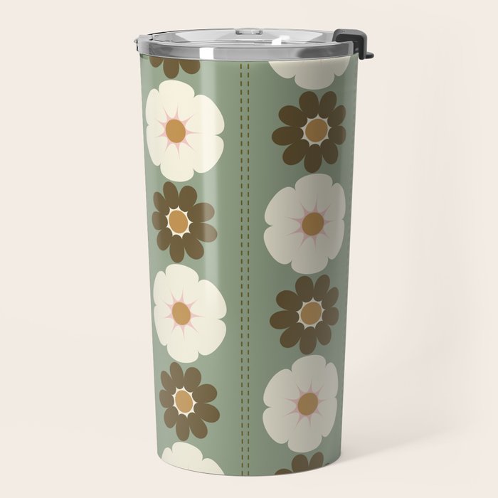 Retro floral pattern, 60s, 70s, style, in sage green Travel Mug Gallery Image 2