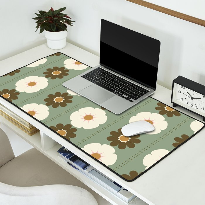 Retro floral pattern, 60s, 70s, style, in sage green Desk Mat Gallery Image 2