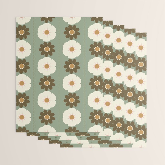 Retro floral pattern, 60s, 70s, style, in sage green Wrapping Paper Gallery Image 3