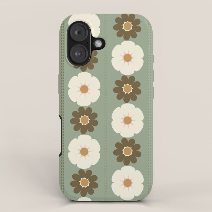 Retro floral pattern, 60s, 70s, style, in sage green iPhone Case Gallery Image 1