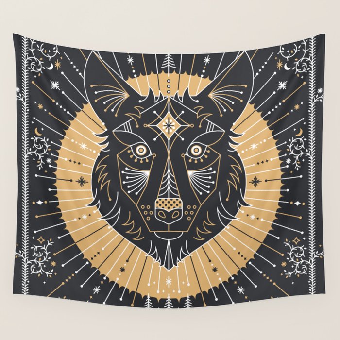 Wild & Free Wolf - Gold & Grey Wall Tapestry Gallery Image 1