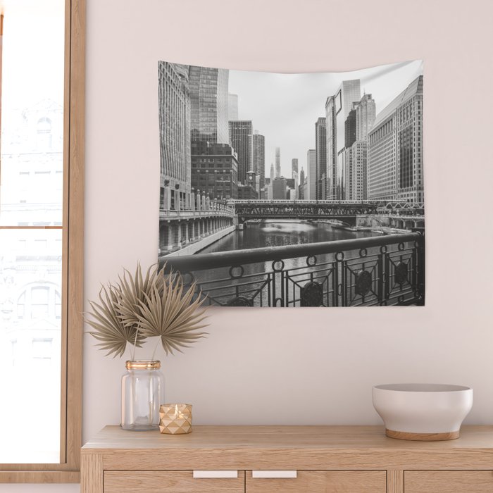 Chicago River Black and White Wall Tapestry Gallery Image 2