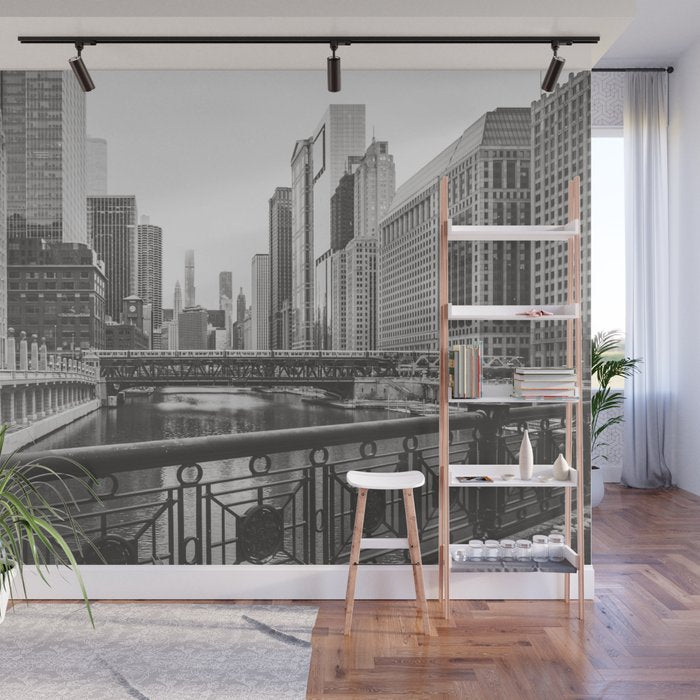Chicago River Black and White Wall Mural Gallery Image 1