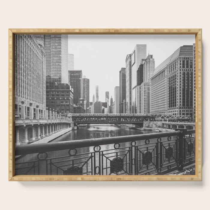 Chicago River Black and White Serving Tray Gallery Image 1