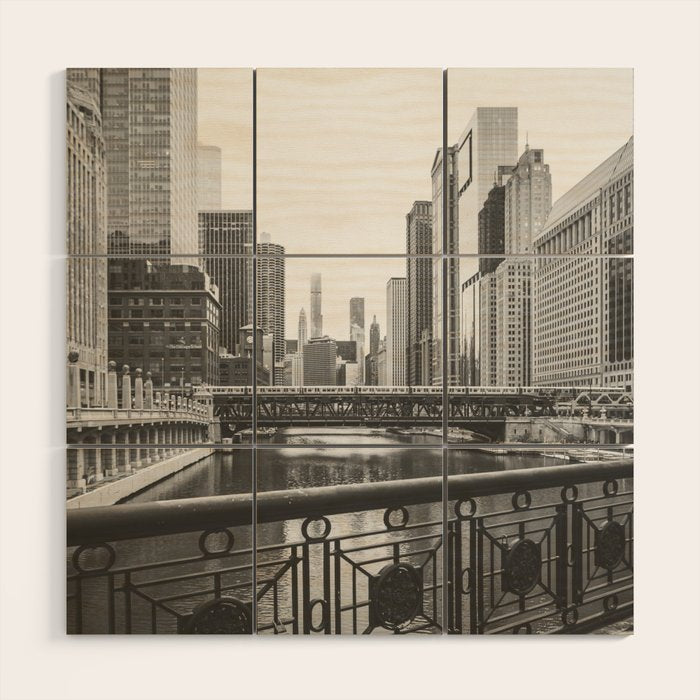 Chicago River Black and White Wood Wall Art Gallery Image 1