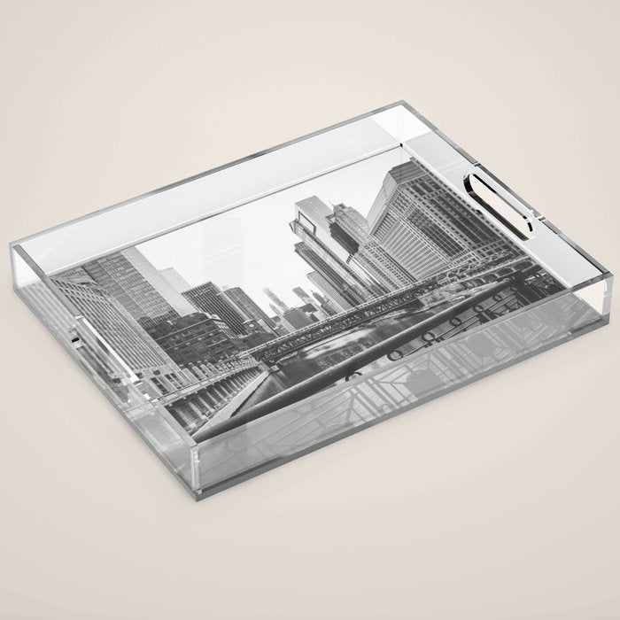 Chicago River Black and White Acrylic Tray Gallery Image 1