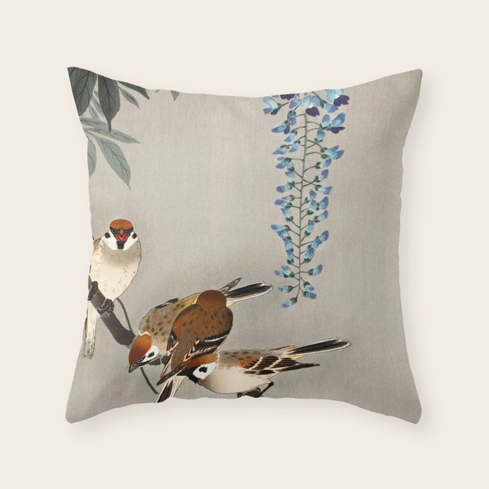 Sparrows and wisteria flower - Vintage Japanese Woodblock Print Art Throw Pillow Gallery Image 6