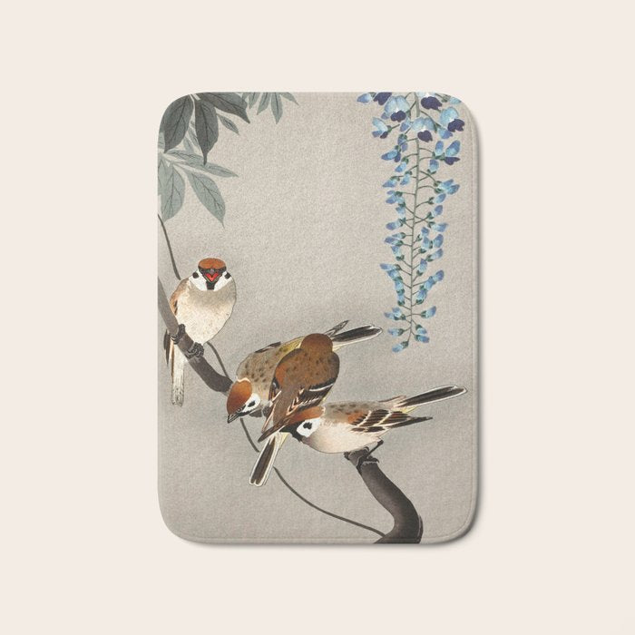 Sparrows and wisteria flower - Vintage Japanese Woodblock Print Art Bath Mat Gallery Image 1