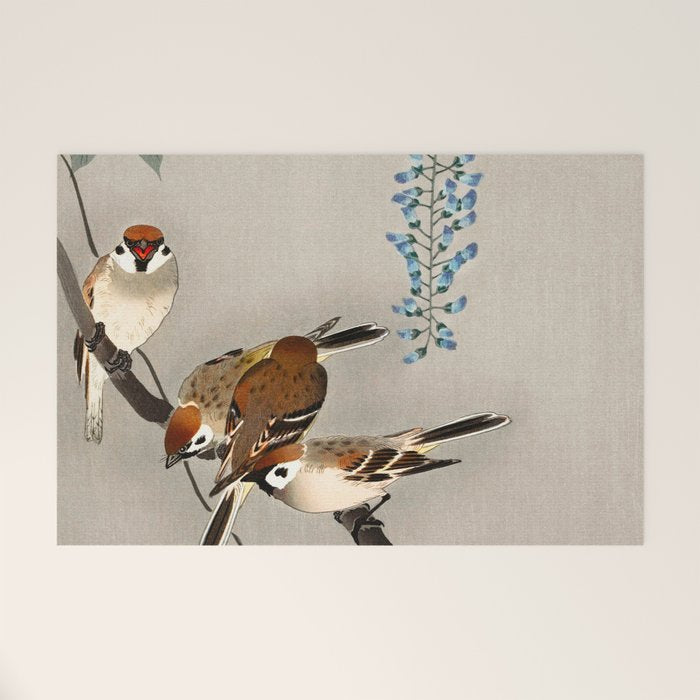 Sparrows and wisteria flower - Vintage Japanese Woodblock Print Art Welcome Mat Gallery Image 1