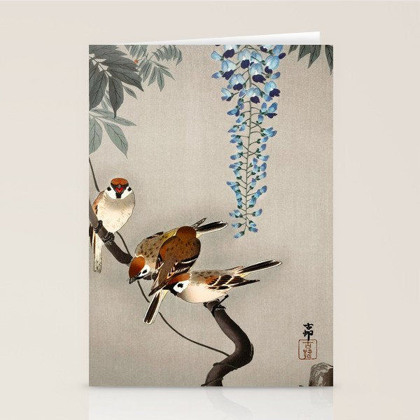 Sparrows and wisteria flower - Vintage Japanese Woodblock Print Art Stationery Card Gallery Image 2