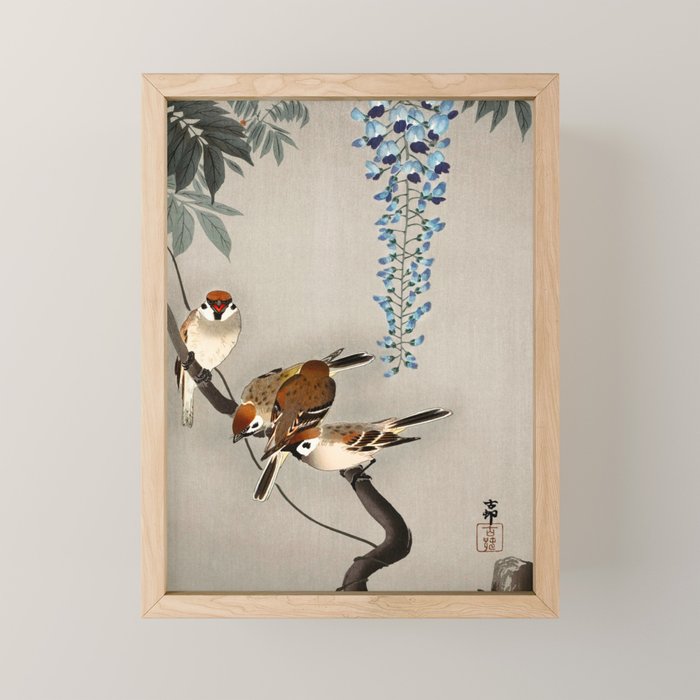 Sparrows and wisteria flower - Vintage Japanese Woodblock Print Art Mini Art Print Gallery Image 1