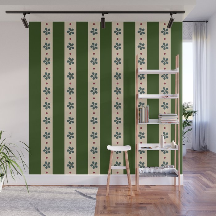 Green And Cream Stripes And Flowers Wall Mural Gallery Image 1