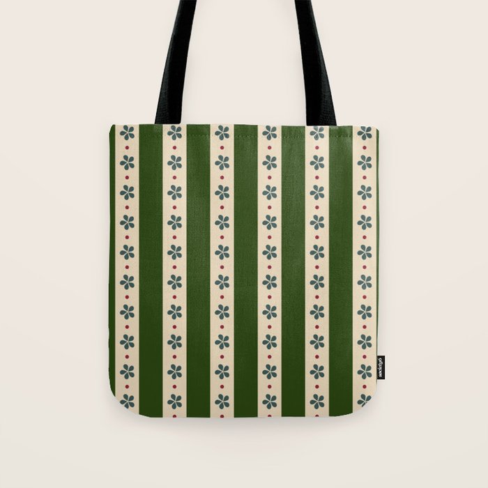 Green And Cream Stripes And Flowers Tote Bag Gallery Image 1