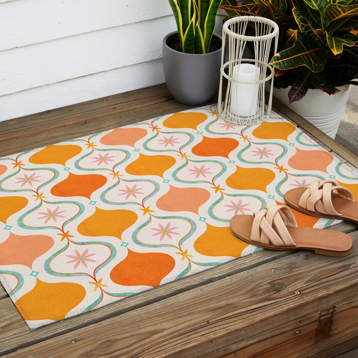 Orange Mid Century Tile Pattern Outdoor Rug Gallery Image 2