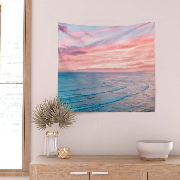 Pink Cotton Candy Ocean Sunset Wall Tapestry Gallery Image 2