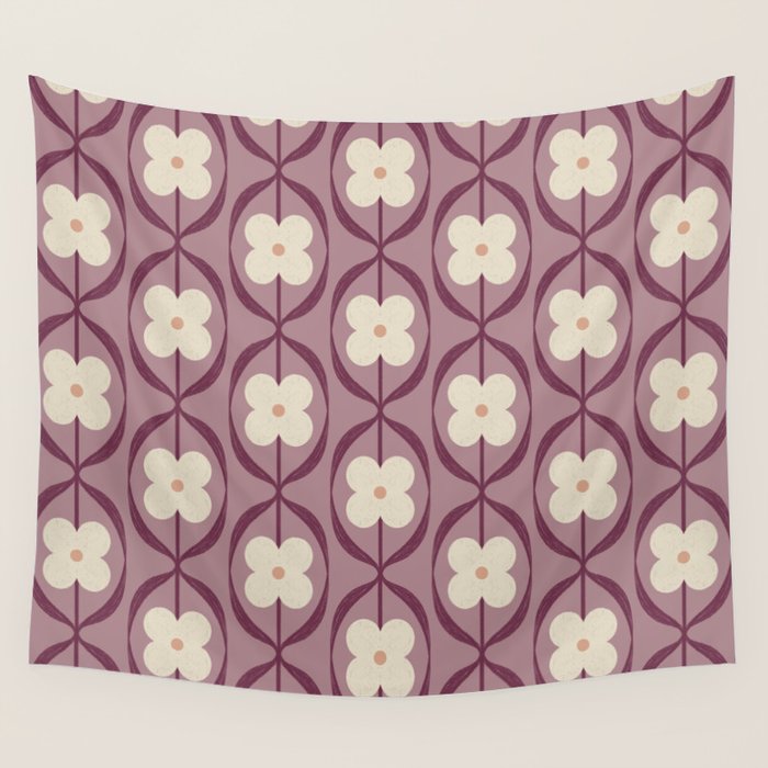 Violet Retro Flowers Vintage Daisy Floral Geometric Wall Tapestry Gallery Image 4