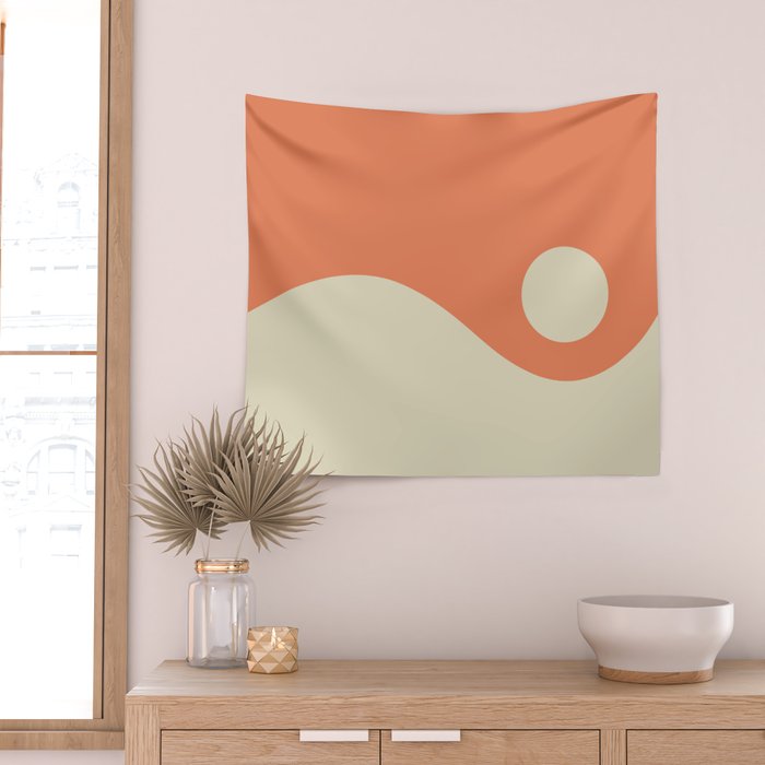 Nami Minimalist Wave Abstract in Pumpkin Orange and Warm Beige Wall Tapestry Gallery Image 2