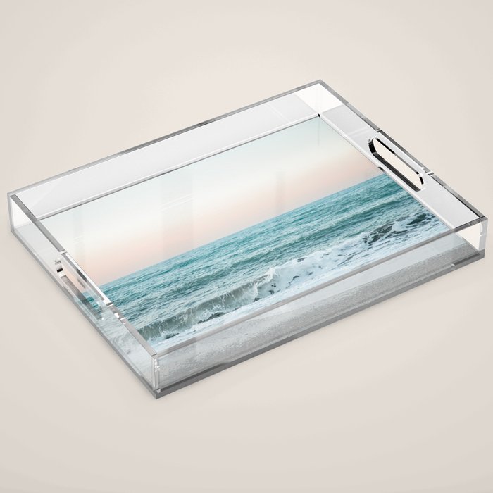 Sunset by the sea - Blue ocean, pink sky Acrylic Tray Gallery Image 1