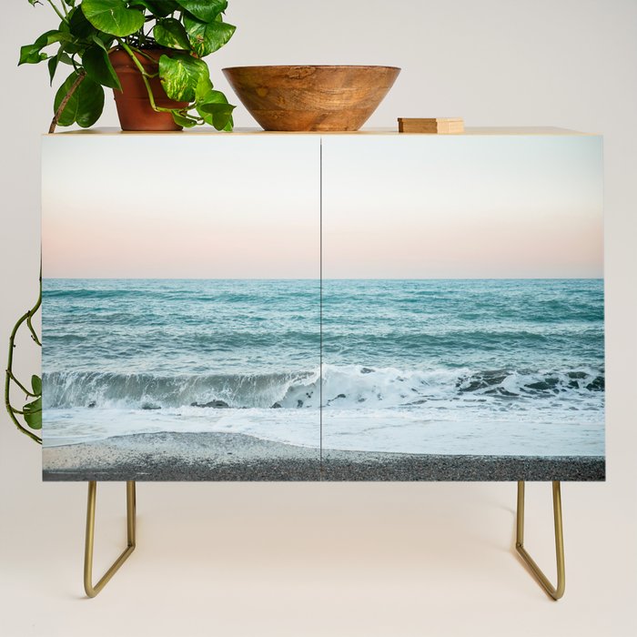 Sunset by the sea - Blue ocean, pink sky Credenza Gallery Image 1