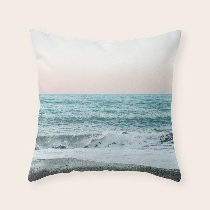 Sunset by the sea - Blue ocean, pink sky Throw Pillow Gallery Image 6