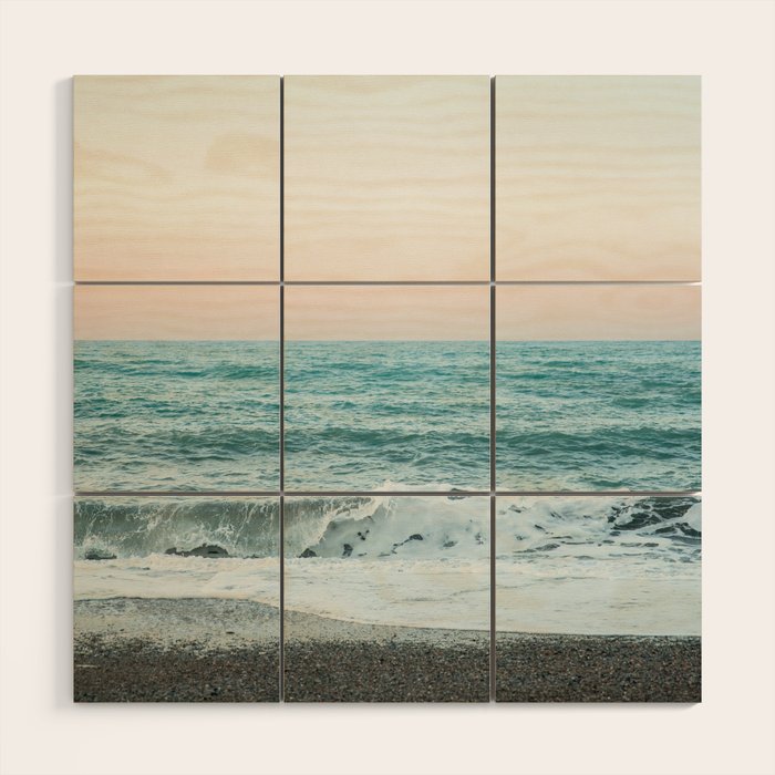 Sunset by the sea - Blue ocean, pink sky Wood Wall Art Gallery Image 1
