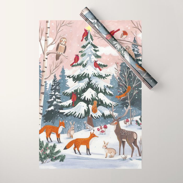 Animals in a Snowy Winter Forest Wrapping Paper Gallery Image 1