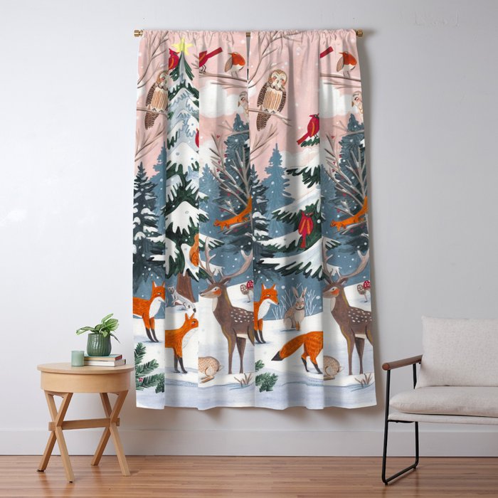 Animals in a Snowy Winter Forest Window Curtain Gallery Image 1