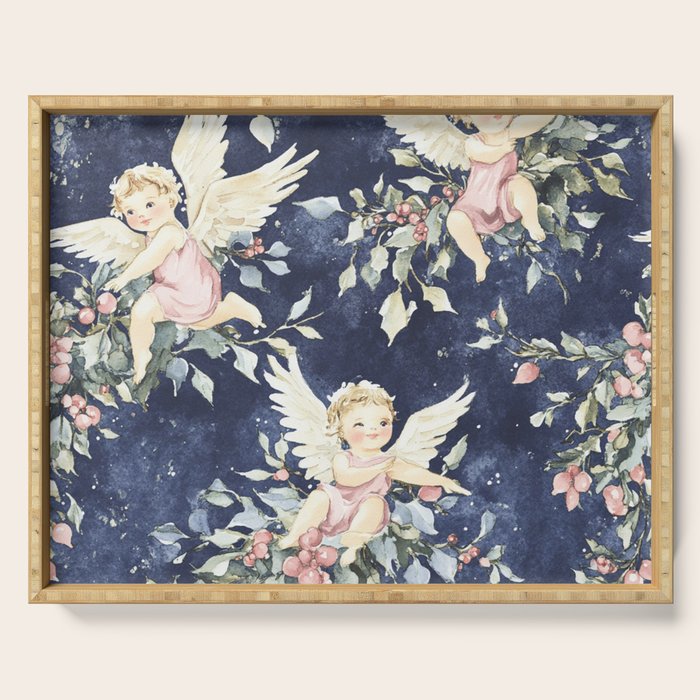 Pink Blue Holiday Cherubs Watercolor Illustration Serving Tray Gallery Image 1