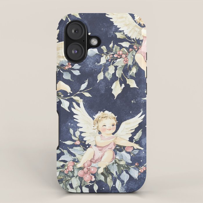 Pink Blue Holiday Cherubs Watercolor Illustration iPhone Case Gallery Image 1