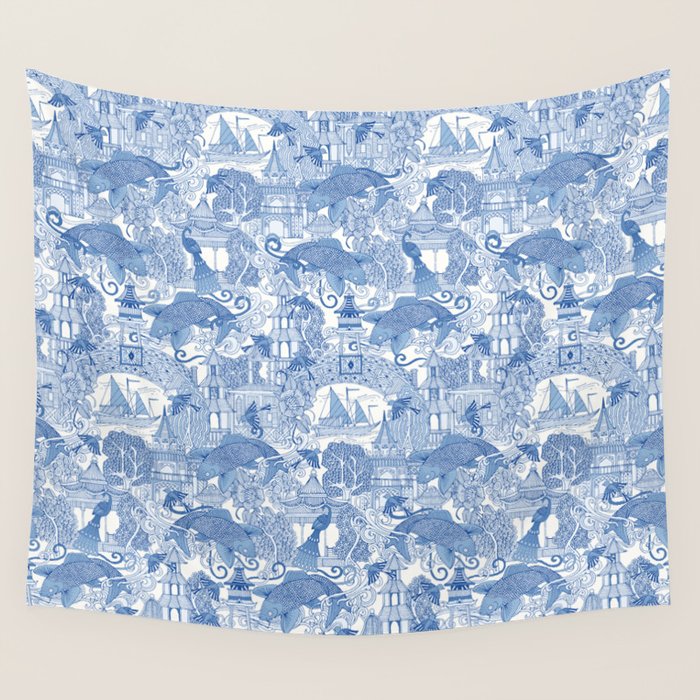 chinoiserie toile blue Wall Tapestry Gallery Image 1