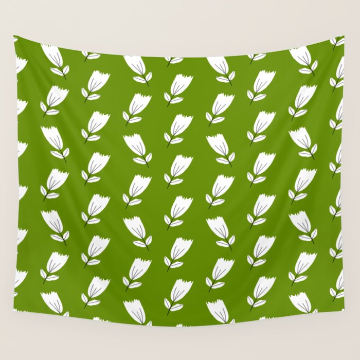 Dancing White Floral Pattern - Green Background Wall Tapestry Gallery Image 4